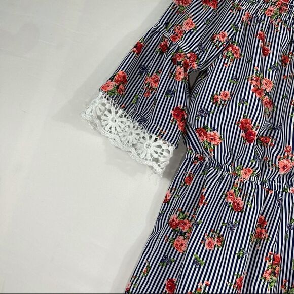 My Michelle Blue and White Striped Floral Romper - Picture 12 of 13